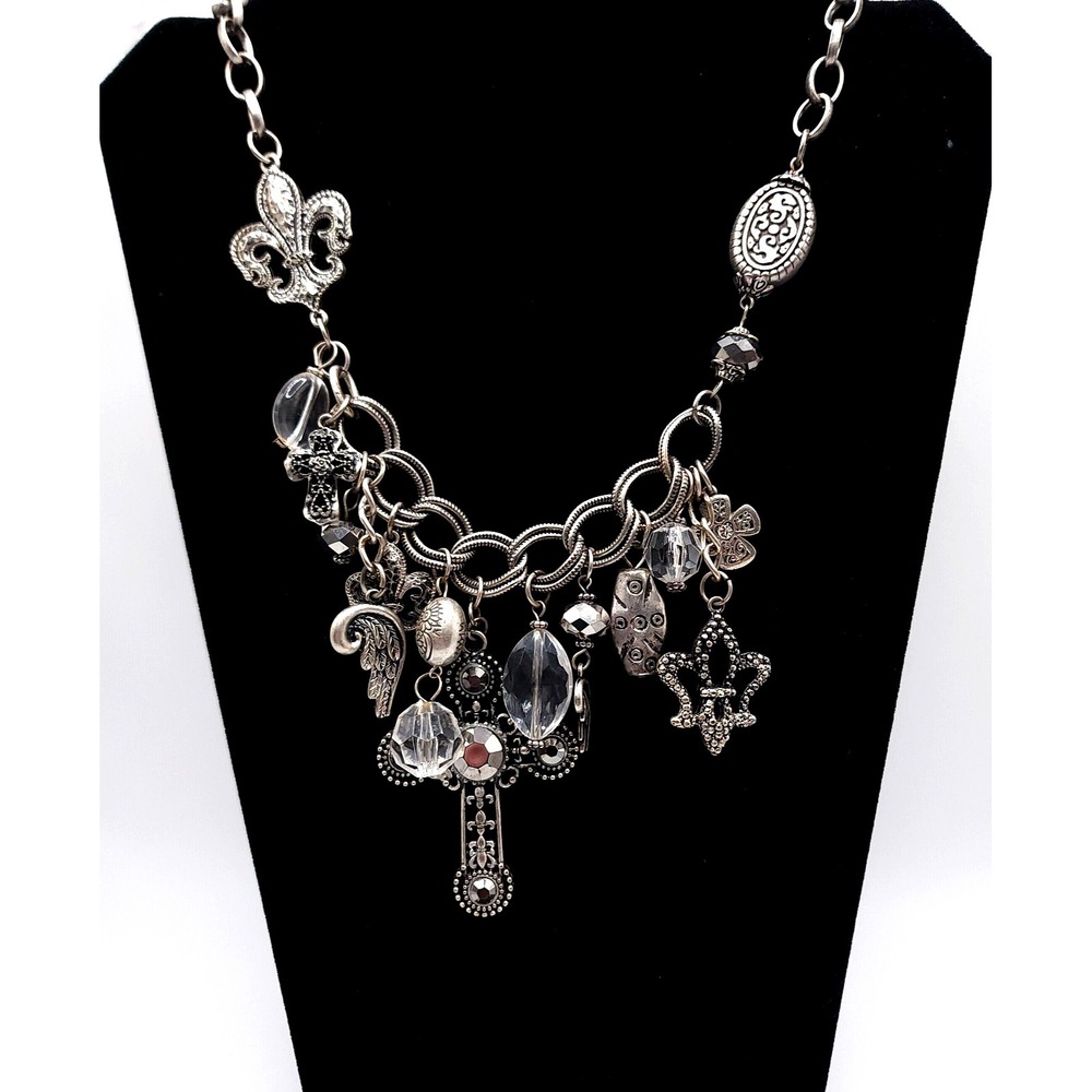 Silver Charm Necklace Cross Rhinestone Fleur De Lis Gothic - Picture 3 of 8